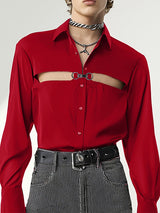 Mens Hollow-Out Metal Buckle Long Sleeve Shirt SKUK83220