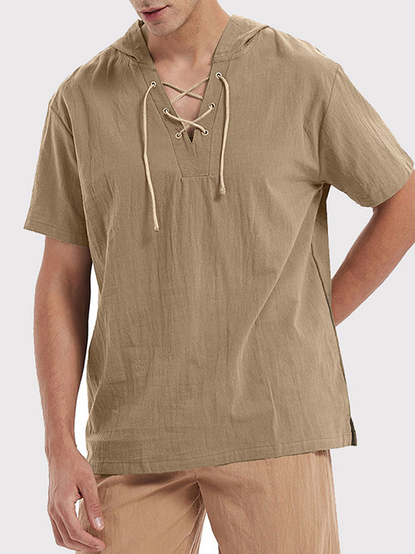 Mens Solid Cotton Lace-Up Hooded T-Shirt SKUK08657