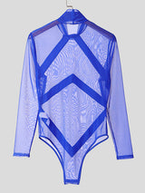 Mens Sheer Patchwork Strap Long-Sleeve Bodysuit SKUK85599