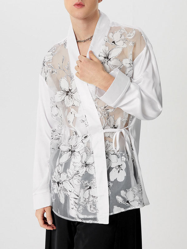 Mens Floral Print Mesh See Through Shirt SKUK66765