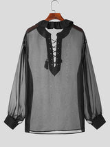 Mens Ruffle Lace-Up Neck See Through Shirt SKUK25640