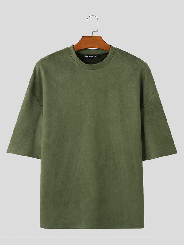 Mens Suede Half-Sleeve Round Neck T-shirt SKUK66502