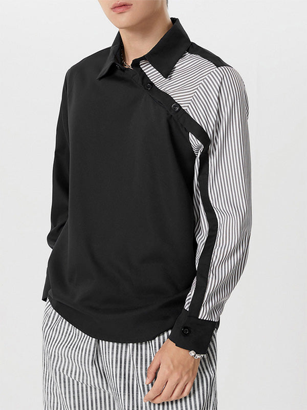 Mens Striped Patchwork Casual Long Sleeve Shirt SKUK36380