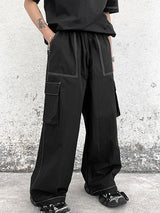 Mens Solid Cargo Pockets Elastic Waist Casual Pants SKUK60313