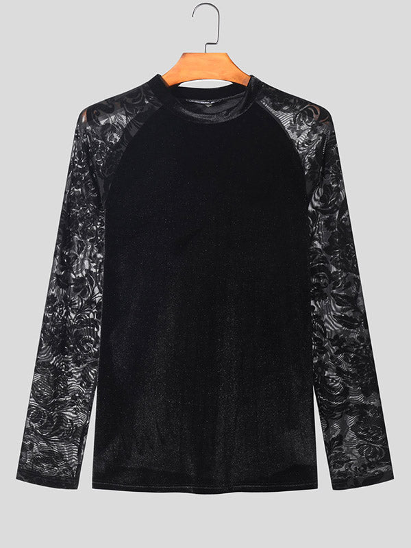 Mens Floral Mesh Velvet Patchwork T-Shirt SKUK40467