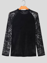 Mens Floral Mesh Velvet Patchwork T-Shirt SKUK40467