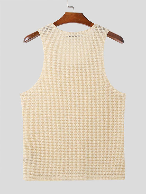 Mens Textured Hollow Square Neck Sleeveless Tank SKUK67980