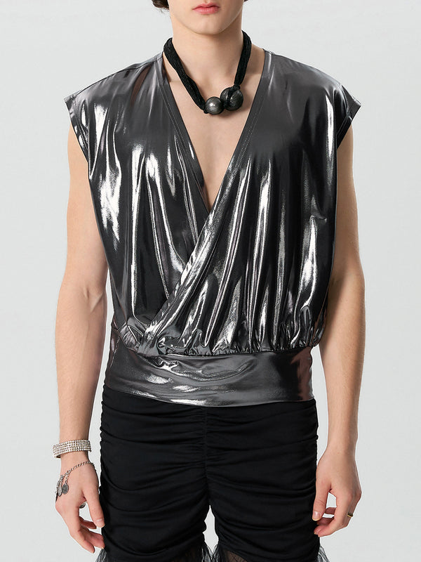 Mens Solid Glitter V-Neck Sleeveless T-Shirt SKUK56357