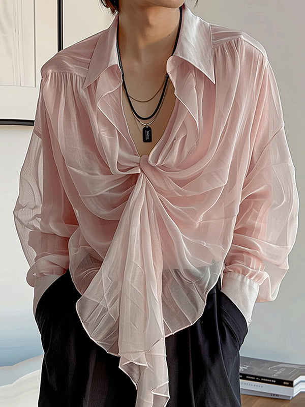 Mens Chiffon Sheer Twist Design Long Sleeve Shirt SKUK79295