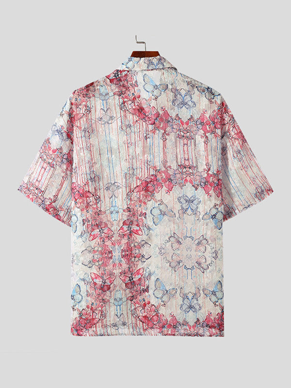 Mens Butterfly Print Fringe Short Sleeve Shirt SKUK71333