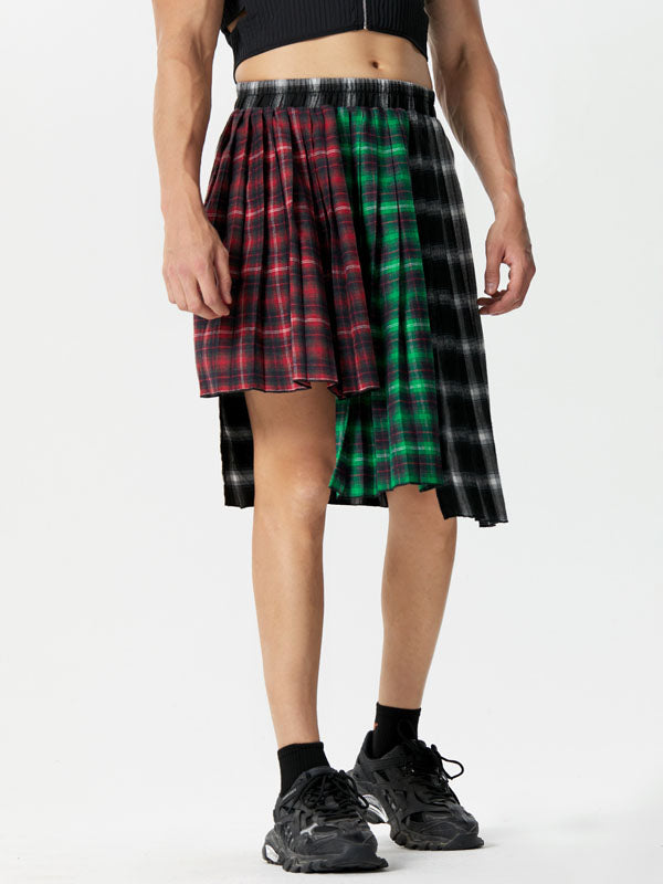 Mens Irregular Pleated Plaid Patchwork Skirt SKUK37261