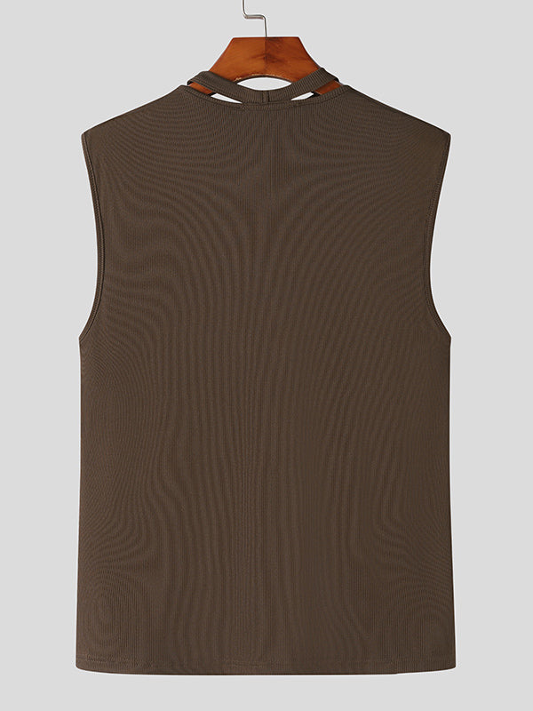 Mens Solid Cutout See Through Sleeveless Vest SKUK50837