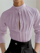 Mens Striped Cutout Stand Collar Long Sleeve Shirt SKUK69198