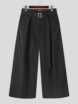 Mens Solid Wide Leg Pants With Belt SKUK21284