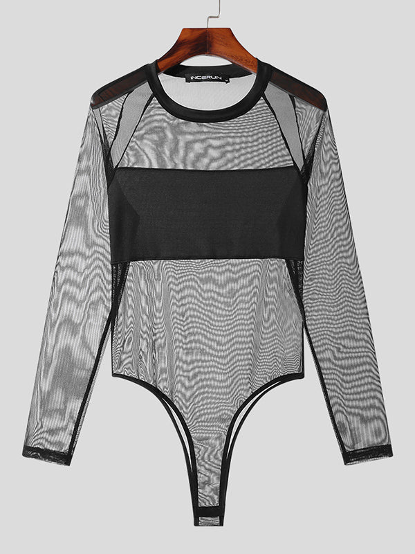 Mens Mesh Patchwork See Through Bodysuit SKUK22708