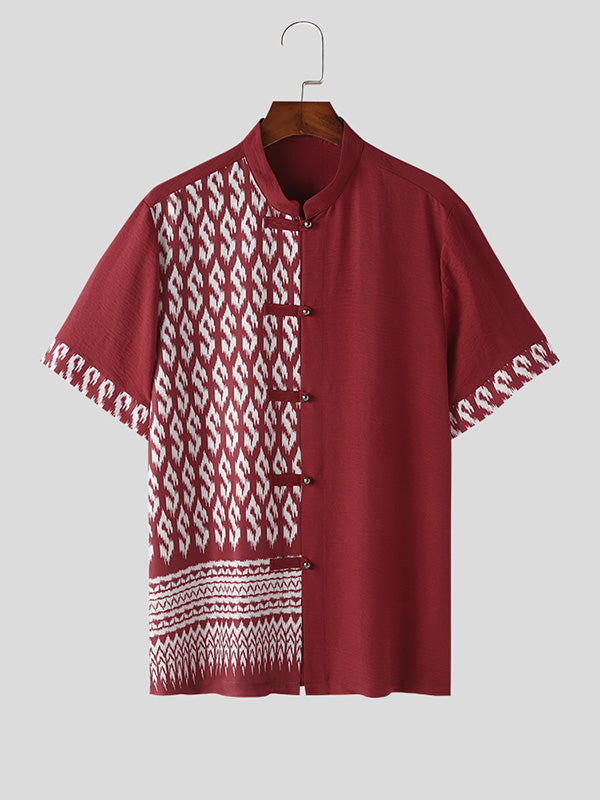 Mens Ethnic Pattern Patchwork Stand Collar Shirt SKUK49609