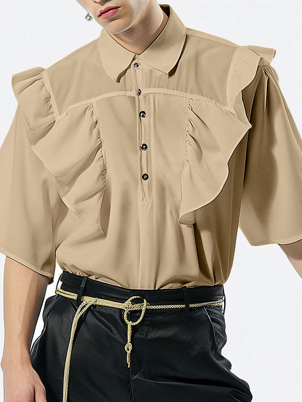 Mens Ruffles Lapel Collar Short Sleeve Shirt SKUK48363