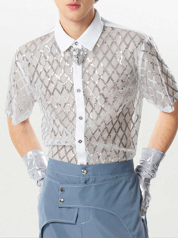 Mens Sequined Mesh Patchwork Short Sleeve Shirt SKUK45531