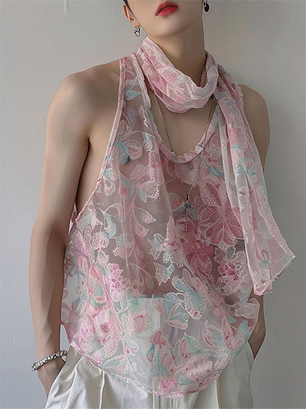 Mens Ribbon Tie Design Lace Print Sleeveless Tank SKUK65478