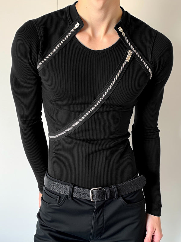 Mens Textured Zipper Long Sleeve T-Shirt SKUK84389