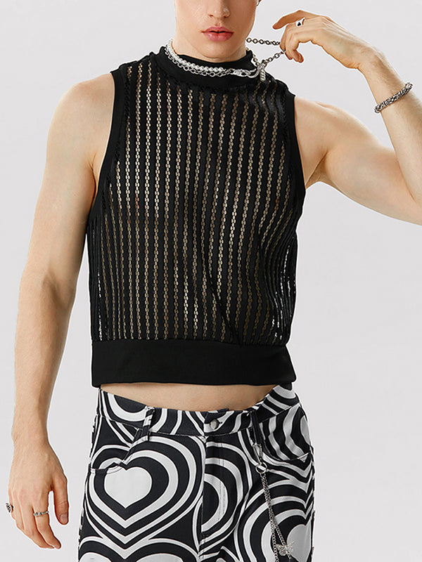 Mens Knit Striped Mesh Sleeveless Crop Top SKUK11279