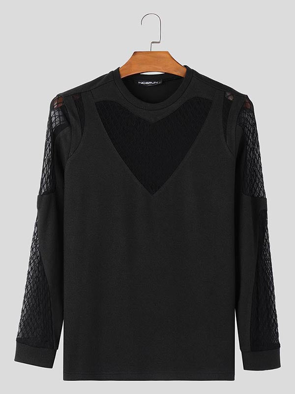 Mens Mesh Patchwork Sheer Long Sleeve T-Shirt SKUK84747