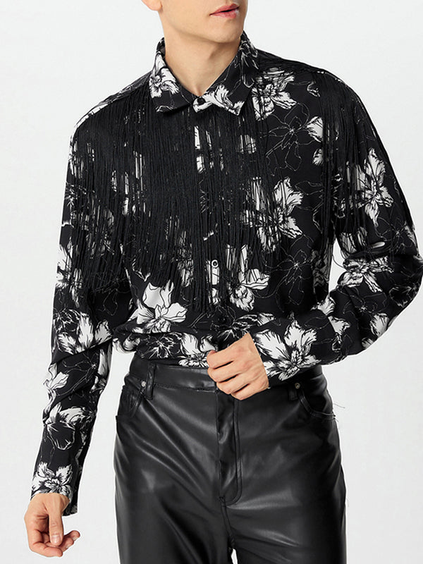 Mens Floral Print Fringe Patchwork Long-Sleeve Shirt SKUK78141