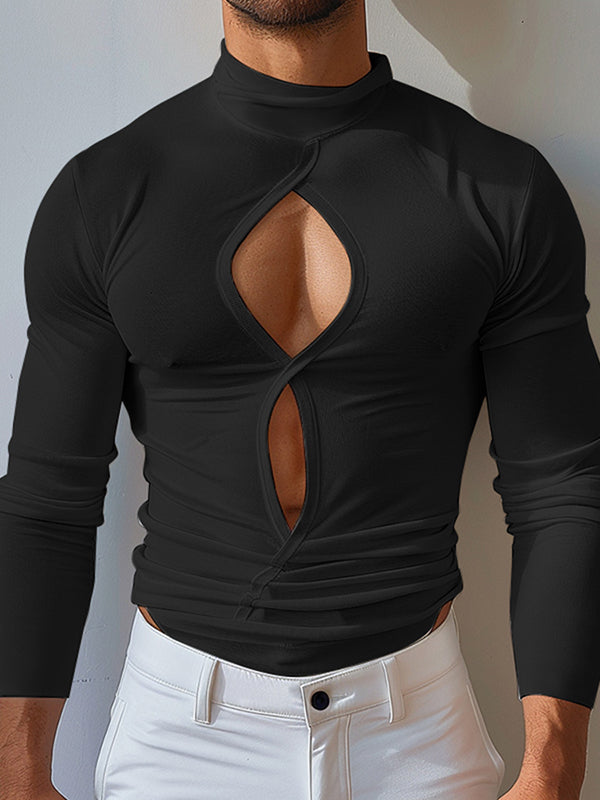 Mens Cutout Solid Color Long Sleeve T-Shirt SKUK80386