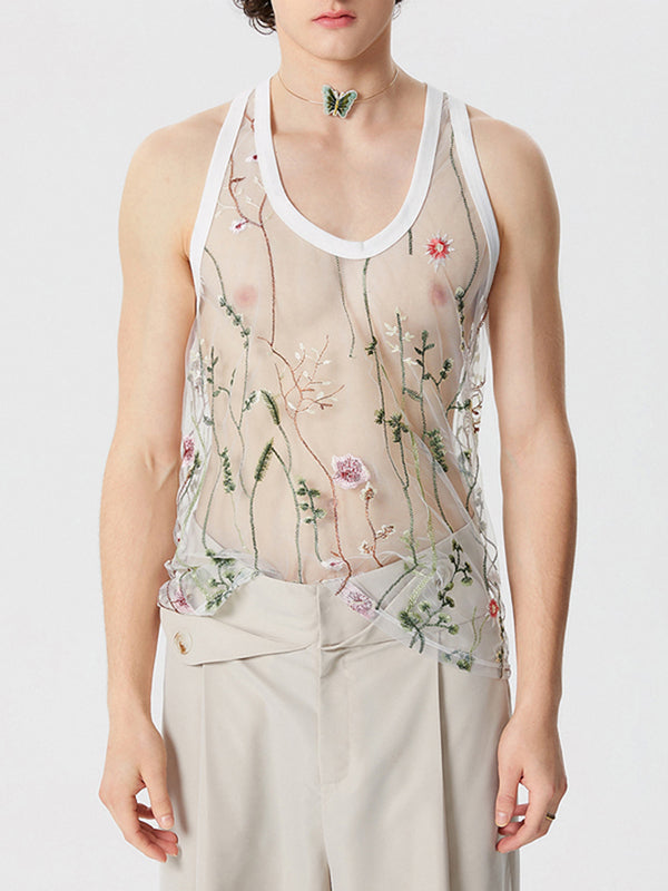 Mens Floral Embroidered See Through Sleeveless Vest SKUK53715