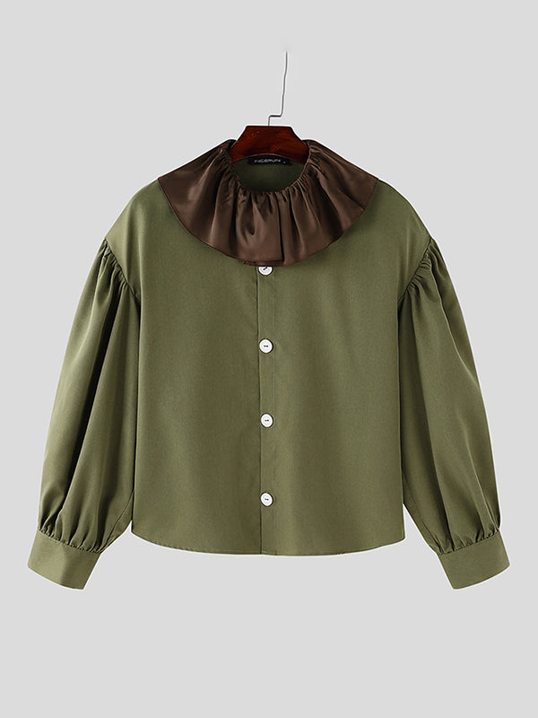 Mens Ruffle Collar Loose Puff Sleeve Shirt SKUK81187