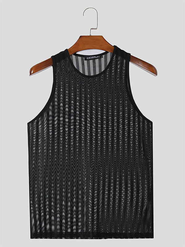 Mens Sheer Striped Crew Neck Sleeveless Tank SKUK67979