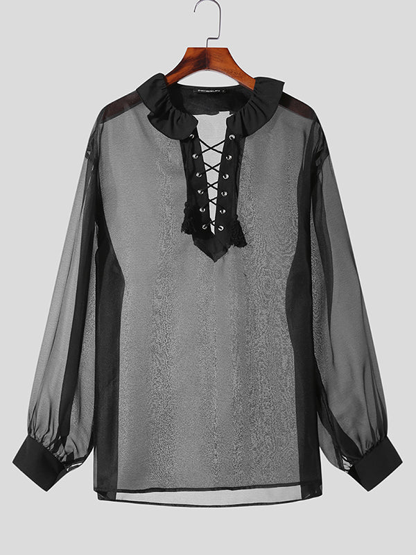 Mens Ruffle Lace-Up Neck See Through Shirt SKUK25640