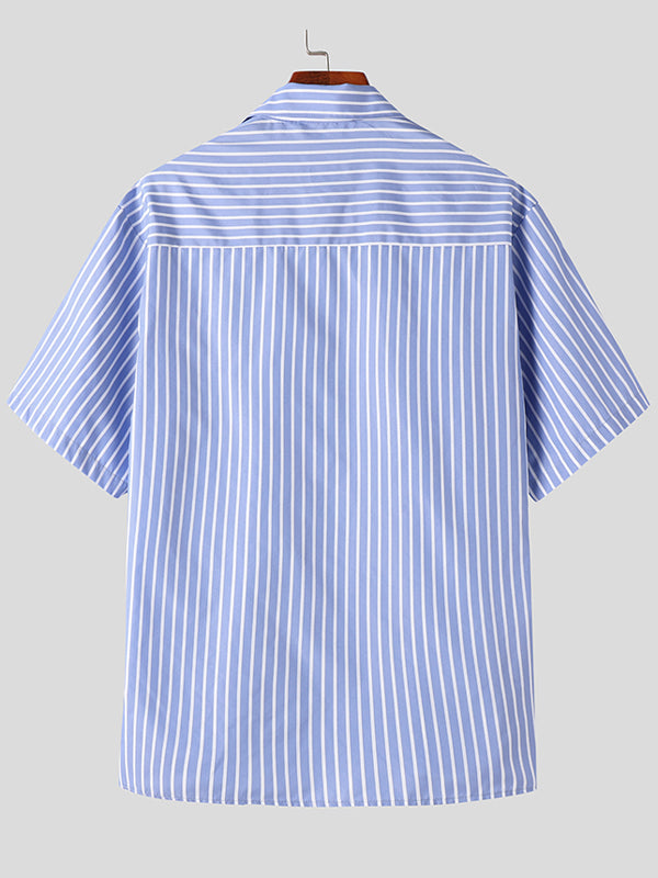 Mens Striped Lapel Collar Short Sleeve Shirt SKUK63605