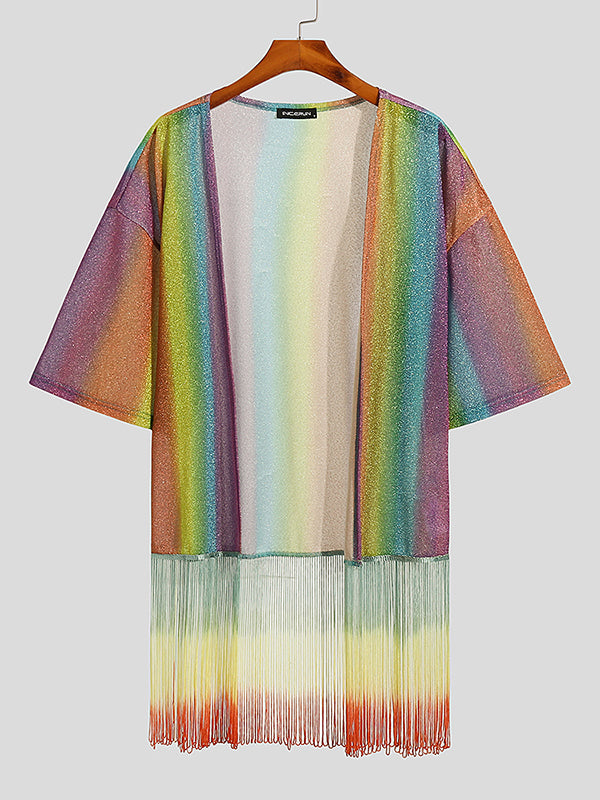 Herren-Cardigan mit Glitzer-Regenbogenstreifen und Fransen, SKUJ33113