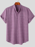 Mens Cotton&Linen Solid Stand Collar Pocket Shirt SKUJ97994