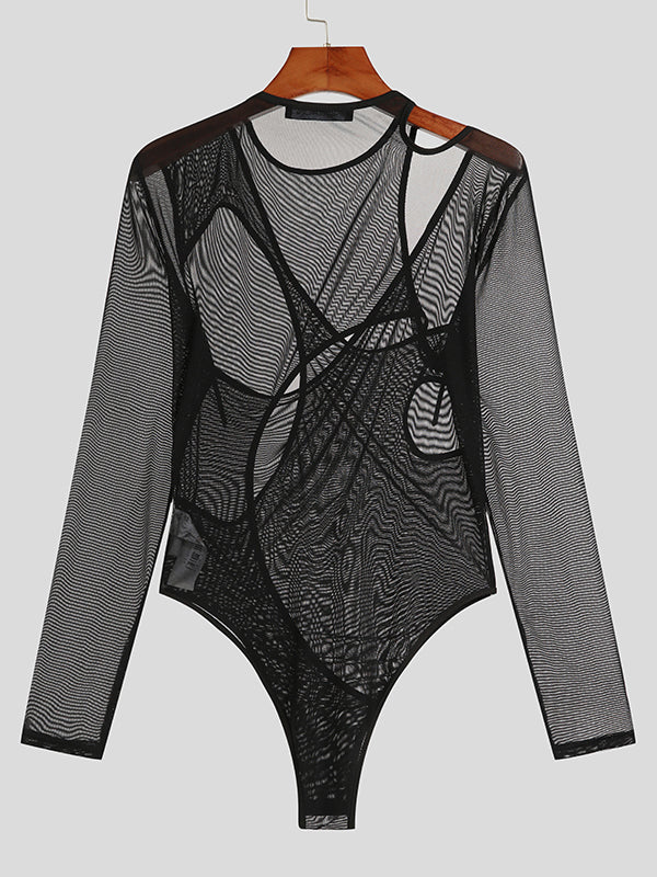 Mens Irregular Mesh Long-sleeved Triangle Bodysuit SKUI69689