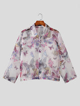 Mens Butterfly Print See Through Lapel Shirt SKUJ93866