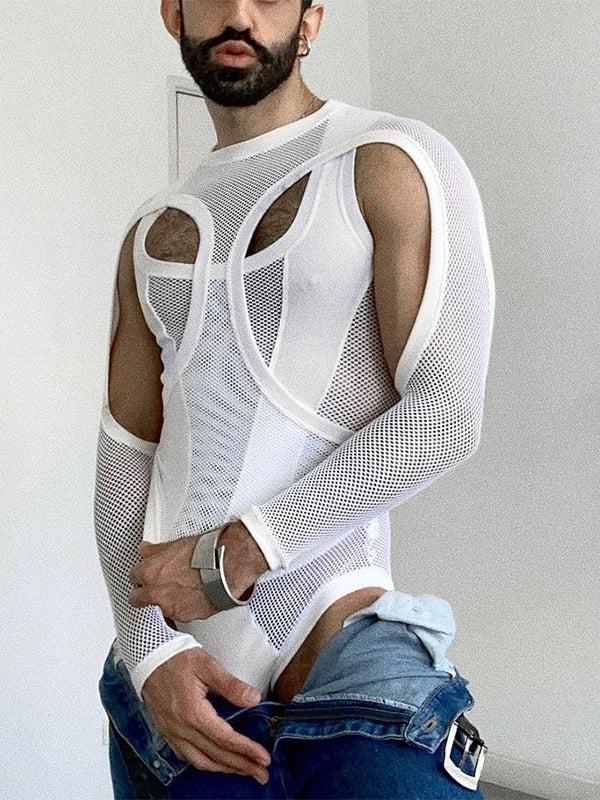 Mens Mesh Hollow Vest Long Sleeve Bodysuit Set SKUI71589