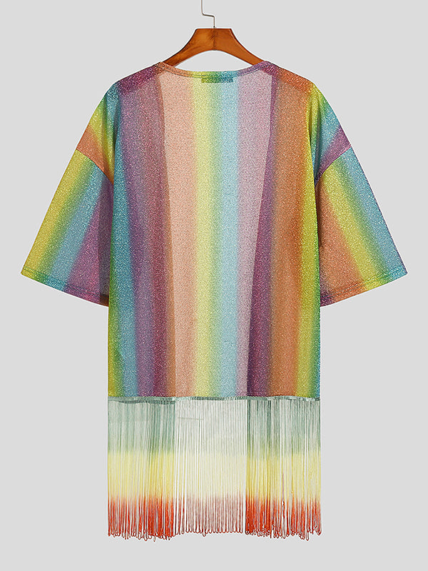 Herren-Cardigan mit Glitzer-Regenbogenstreifen und Fransen, SKUJ33113