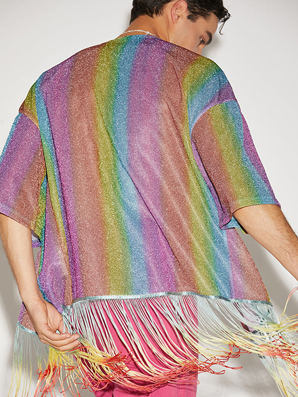 Herren-Cardigan mit Glitzer-Regenbogenstreifen und Fransen, SKUJ33113