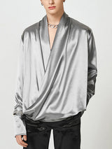 Mens Solid Long Sleeve Cross Wrap Shirt SKUJ92259