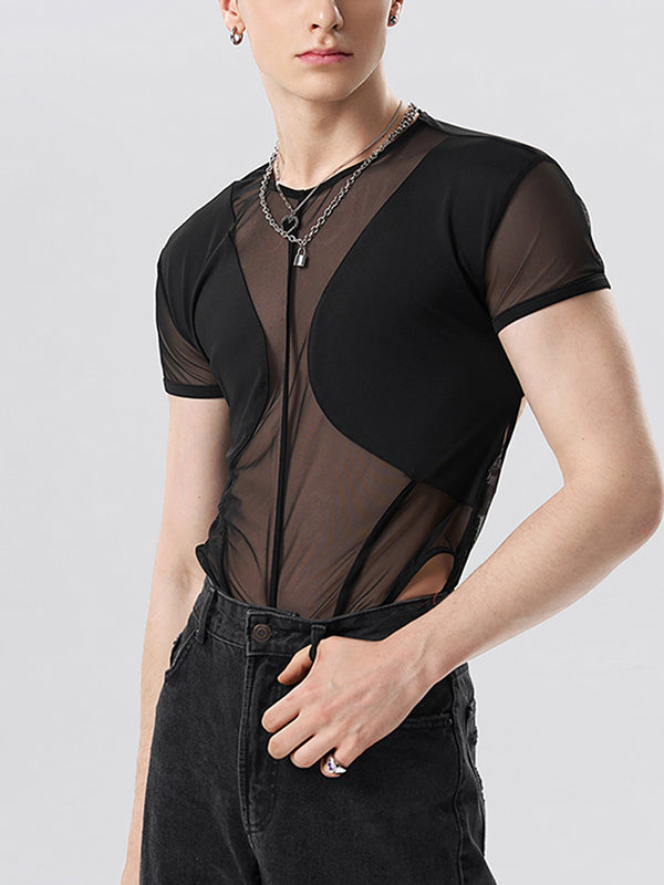 Mens Mesh Patchwork See Through Cutout Bodysuit SKUK03502