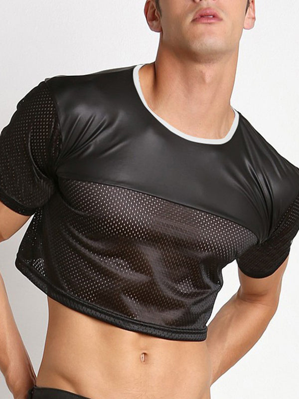 Mens Mesh Patchwork Artificial Leather Short Crop SKUI87874