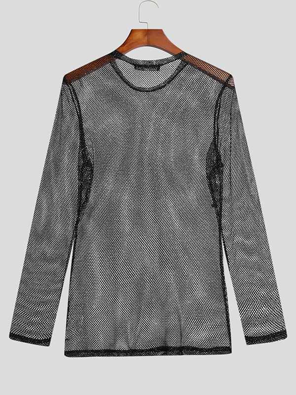 Mens Shiny Mesh See-Through Long Sleeve T-Shirt SKUJ50496