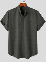 Chemise de poche à col montant solide en coton et lin pour homme SKUJ97994