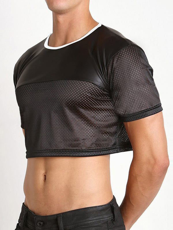 Mens Mesh Patchwork Artificial Leather Short Crop SKUI87874