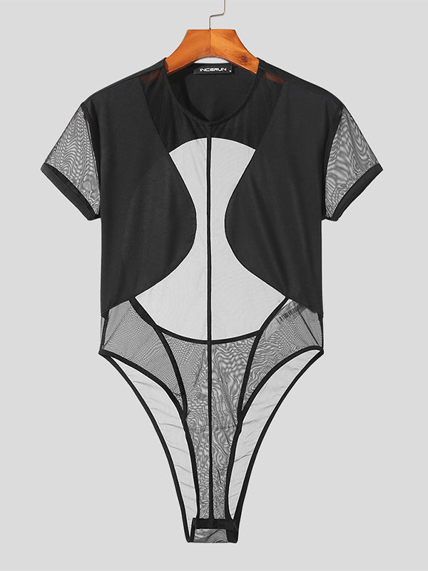 Mens Mesh Patchwork See Through Cutout Bodysuit SKUK03502