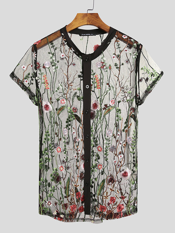 Mens Sexy Floral Mesh Short Sleeve Shirts SKUH00565