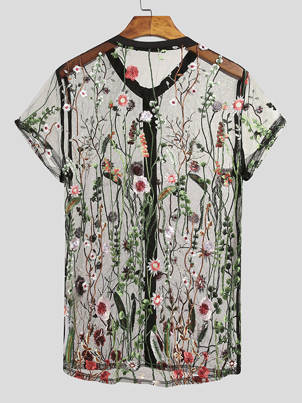 Mens Sexy Floral Mesh Short Sleeve Shirts SKUH00565