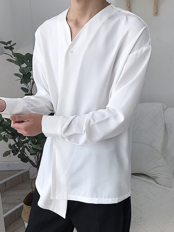 Mens Irregular Button Drape Solid Color Shirts SKUH27251